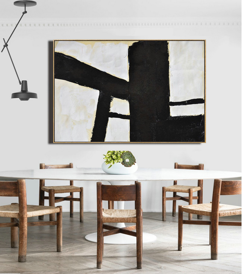 Abstract Art Decor Large Canvas Painting,Horizontal Palette Knife Minimal Canvas Art Painting Black White Beige - Canvas Wall Art Home Decor